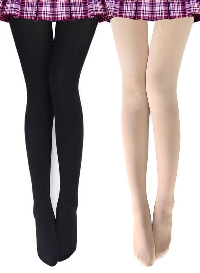 VERO MONTE 2 Pairs Fleece Lined Warm Opaque Tights For Women (BLACK + NUDE) - Image 1